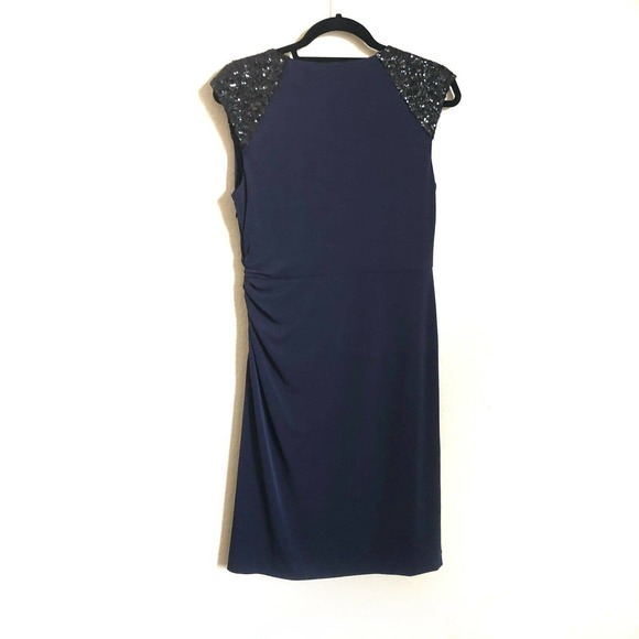 Calvin Klein Sequined Shoulders Cowl Neck Sheath Dress Navy Blue Black Sz 10 - Picture 2 of 7